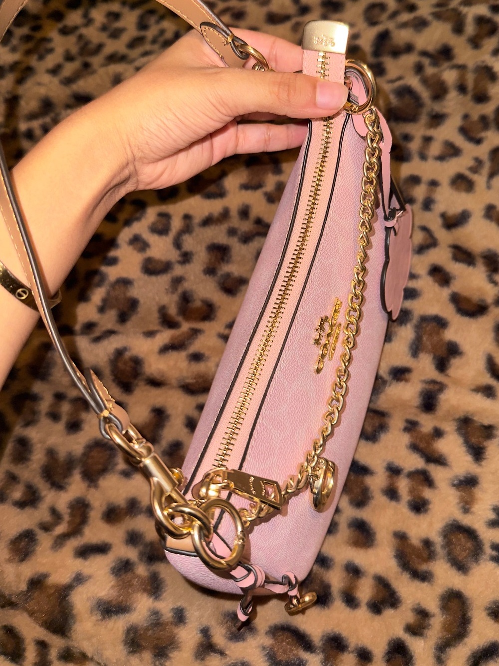 COACH Powder Pink Signature Chain Teri Shoulder Bag with Floral Charm - Picture 4 of 11